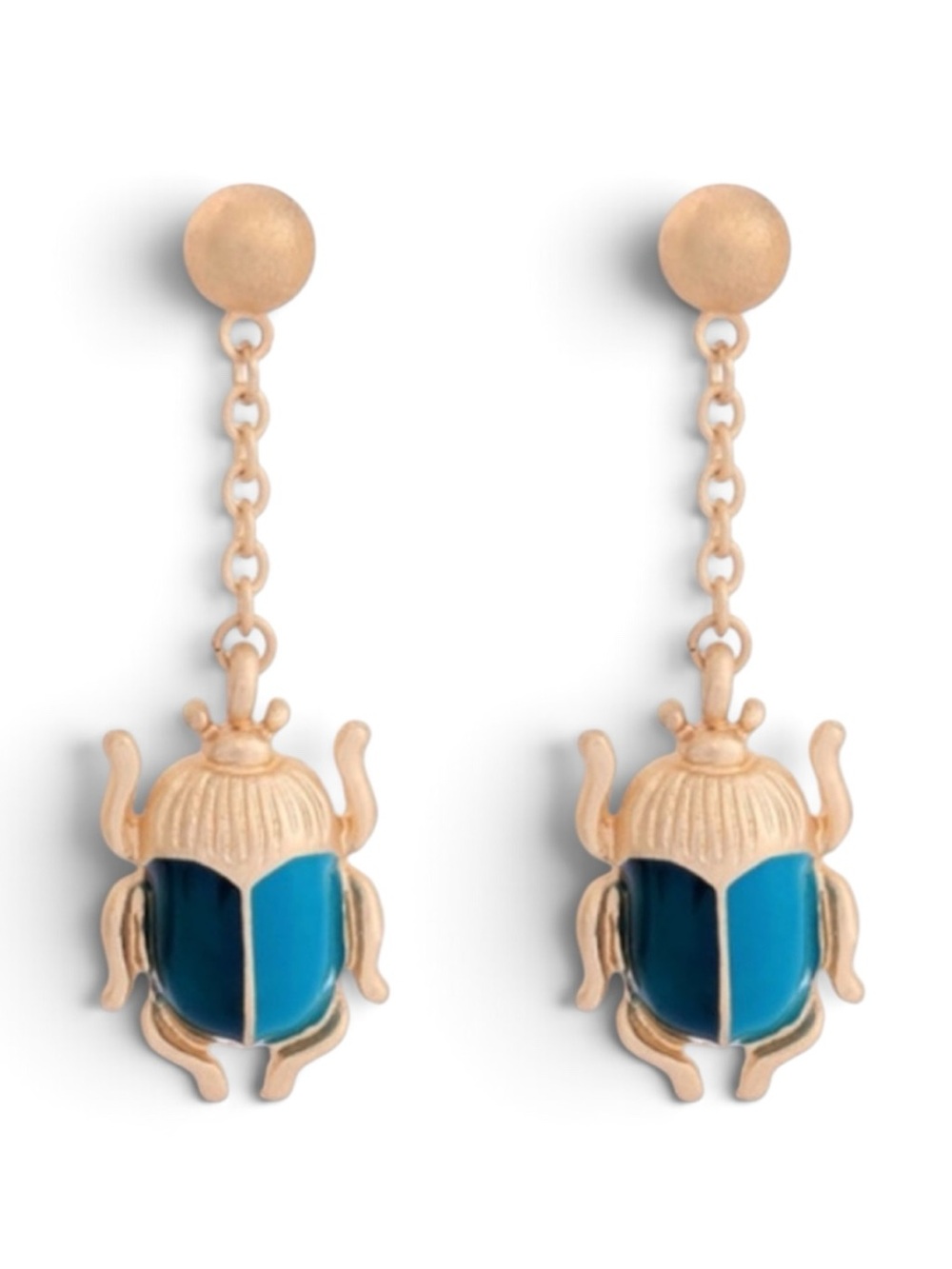 BOUTIQUE Gold Blue Beetle Bug Dangle Drop Statement Earrings - Picture 7 of 9